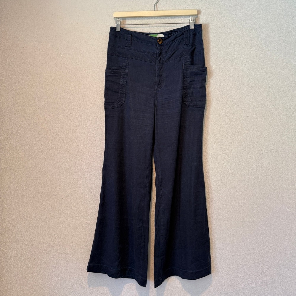 Anthropologie Navy Blue Linen Blend Wide Leg Utility Pants Size 30